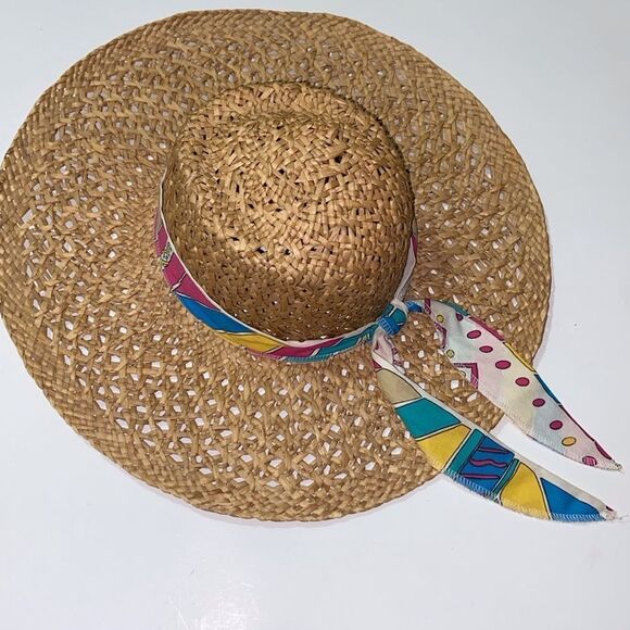 VTG, Chic Straw Hawaiian Unisex Hat With Colorful Scarf - Picture 2 of 11